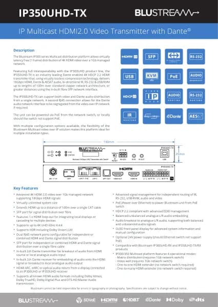 Blustream Dante IP350UHD-TX