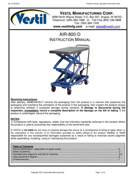 Vestil AIR-800-D-PSS