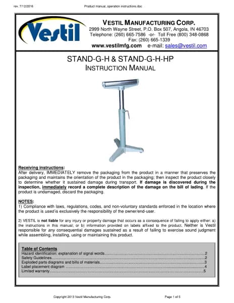 Vestil STAND-G-H-HP