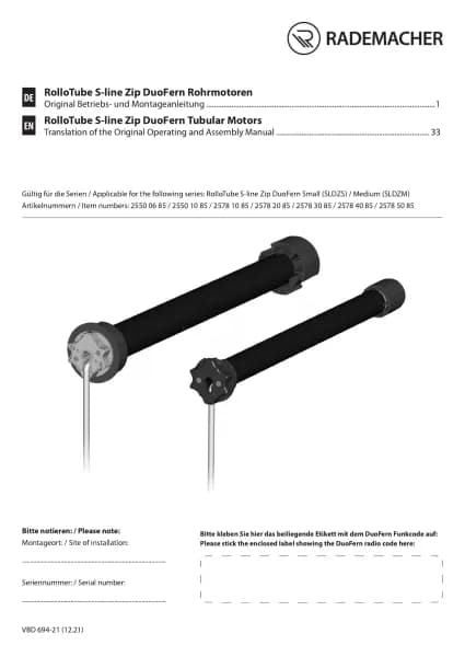 Rademacher RolloTube S-line Zip DuoFern SLDZM